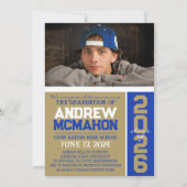 金ゴールド&ブルーモダン卒業写真のお知らせ 招待状 (正面)