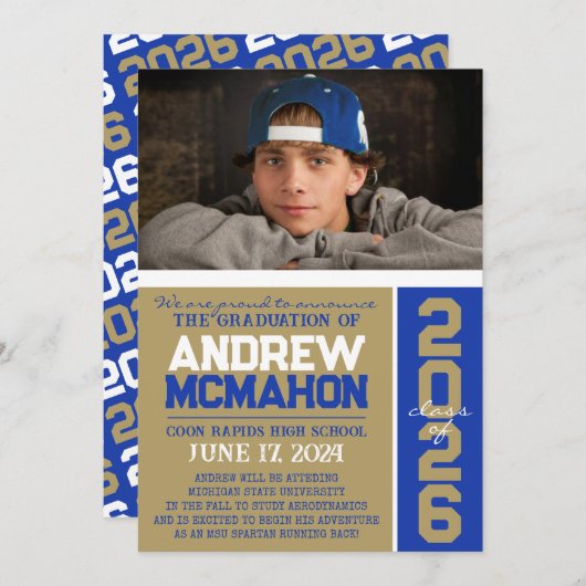 金ゴールド&ブルーモダン卒業写真のお知らせ 招待状 (正面/裏面)