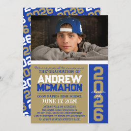 金ゴールド&ブルーモダン卒業写真のお知らせ 招待状