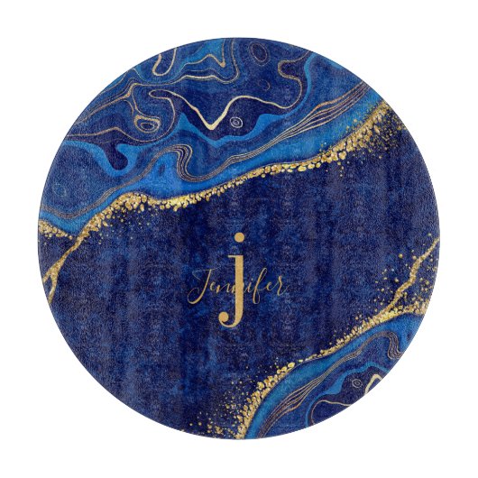 金ゴールド・ブルーモダン名前をカスタムするモノグラエレガントム カッティングボード (正面)