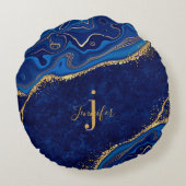 金ゴールド・ブルーモダン名前をカスタムするモノグラエレガントム ラウンドクッション (裏面)