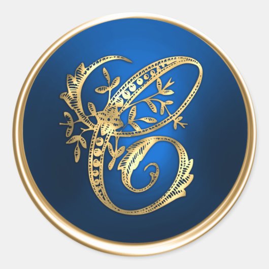 金ゴールド&ブルーモノグラムC封筒用シール ラウンドシール (正面)