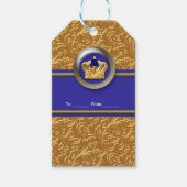 金ゴールド&ブルー王室のクラウンバースデーパーティーカスタム ギフトタグ (正面)