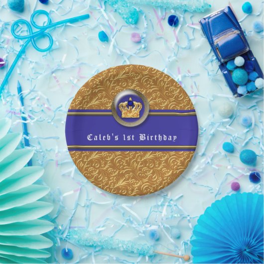 金ゴールド&ブルー王室のクラウンバースデーパーティーカスタム ペーパープレート (パーティー)