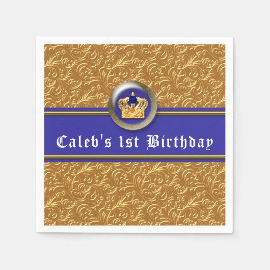 金ゴールド&ブルー王室のクラウンバースデーパーティーキューム スタンダードカクテルナプキン (正面)
