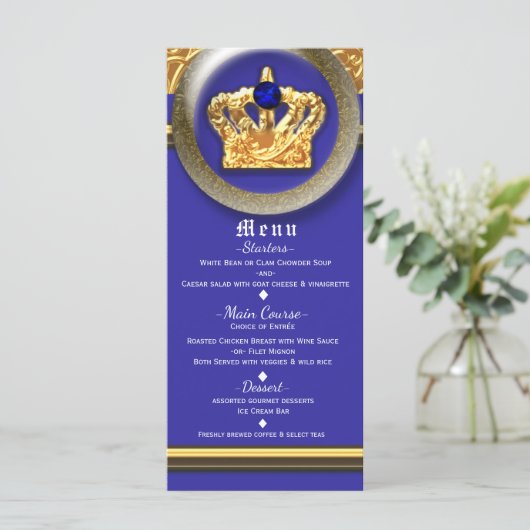 金ゴールド&ブルー王室のクラウンバースデーパーティーメニューカード メニュー (スタンド正面)