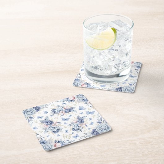 金ゴールド&ブルー蝶ボーイベビーシャワー スクエアペーパーコースター (インサイチュ)