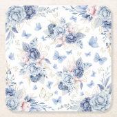 金ゴールド&ブルー蝶ボーイベビーシャワー スクエアペーパーコースター (正面)