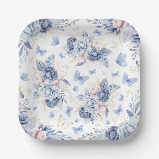 金ゴールド&ブルー蝶ボーイベビーシャワー ペーパープレート (正面)