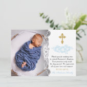 金ゴールド·ブルー·エレガントフローラ男の赤ちゃん洗礼 サンキューカード (スタンド正面)