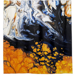 金ゴールド、ブルー&ホワイト絵画アクリル抽象芸術アート シャワーカーテン