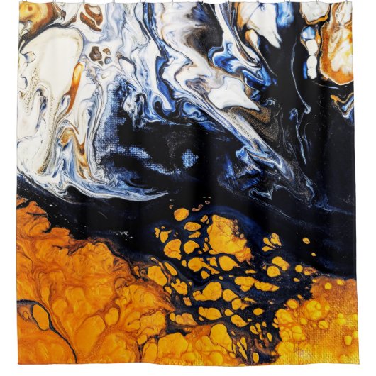 金ゴールド、ブルー&ホワイト絵画アクリル抽象芸術アート シャワーカーテン (正面)