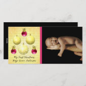 金ゴールド&プラムオーナメント私の最初のクリスマスベビー写真 シーズンカード (正面/裏面)