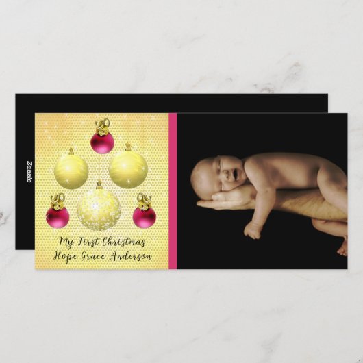金ゴールド&プラムオーナメント私の最初のクリスマスベビー写真 シーズンカード (正面/裏面)