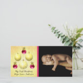 金ゴールド&プラムオーナメント私の最初のクリスマスベビー写真 シーズンカード (スタンド正面)