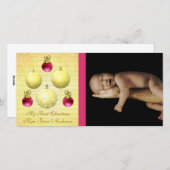 金ゴールド&プラムオーナメント私の最初のクリスマスベビー写真 シーズンカード (正面/裏面)