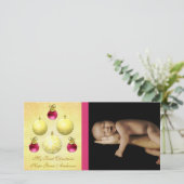 金ゴールド&プラムオーナメント私の最初のクリスマスベビー写真 シーズンカード (スタンド正面)