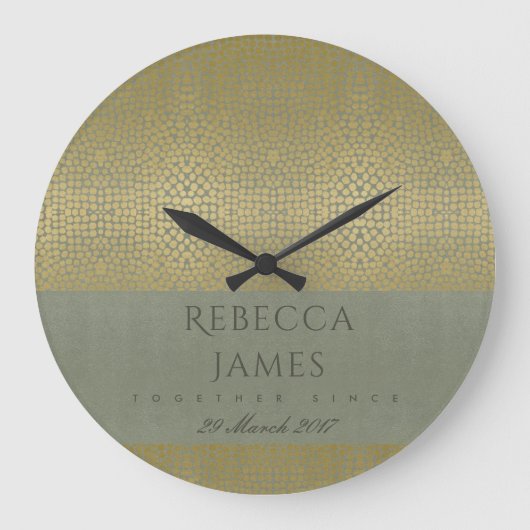 金ゴールド・ベルベット・グレーモザイク・ドット:贈り物の日付を節約 ラージ壁時計 (正面)