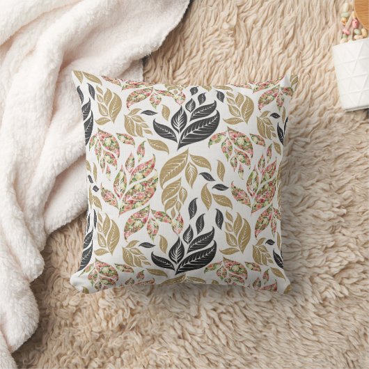 金ゴールド、ベージュ、黒とピンクの葉柄の枕 クッション (ブランケット)