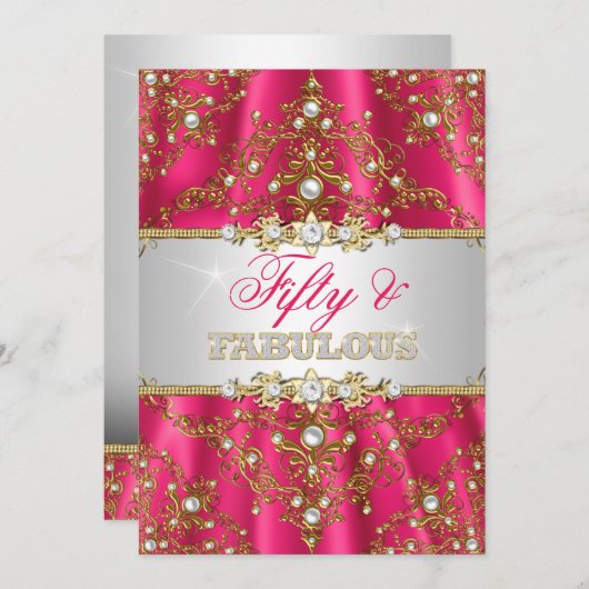 金ゴールド&ホットピンクパールダマスコフィフティと素晴らしい 招待状 (正面/裏面)