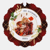 金ゴールド、ホリー&葉クリスマスタータンチェックの写真 オーナメントカード (正面)