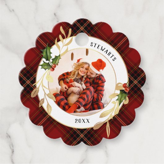 金ゴールド、ホリー&葉クリスマスタータンチェックの写真 フェイバータグ (正面)