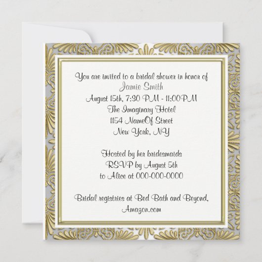 金ゴールド&ホワイトアールデコデコダマスクブライダルシャワー 招待状 (裏面)