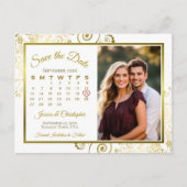 金ゴールド&ホワイトウェディング日付カレンダーの写真を保存 案内ポストカード (正面)
