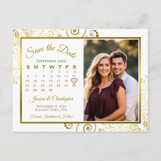 金ゴールド&ホワイトウェディング日付カレンダーの写真を保存 案内ポストカード (正面)