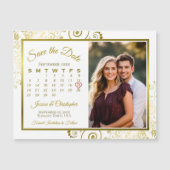 金ゴールド&ホワイトカレンダー&写真日付マグネットを保存 マグネット招待状 (正面)