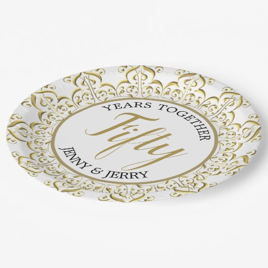 金ゴールド・ホワイトクラシック記念日紙プレート ペーパープレート (アングル)