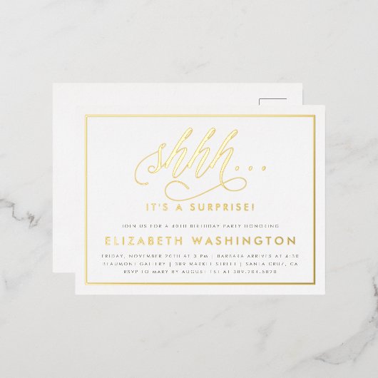 金ゴールド&ホワイトサプライズ誕生日パーティー 箔招待状ポストカード (正面/裏面)