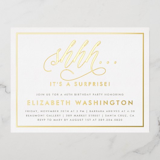 金ゴールド&ホワイトサプライズ誕生日パーティー 箔招待状ポストカード (正面)