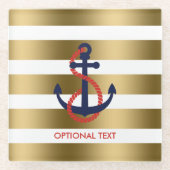 金ゴールド&ホワイトストライプいかり(ブルー航海の) ガラスコースター (正面)