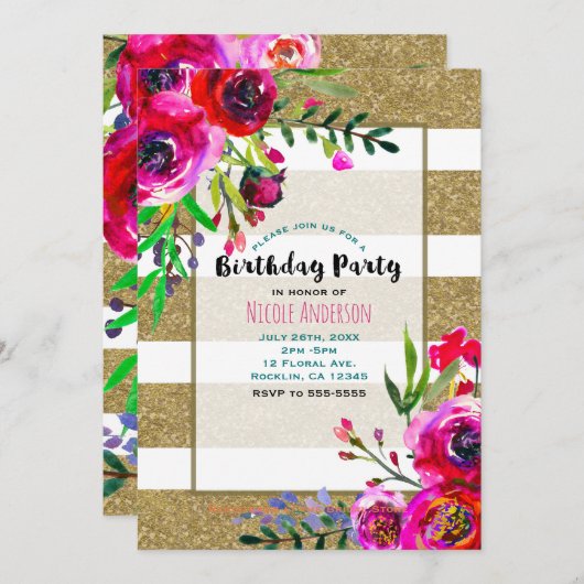 金ゴールド&ホワイトストライプフローラはっきりした誕生日パーティー 招待状 (正面/裏面)