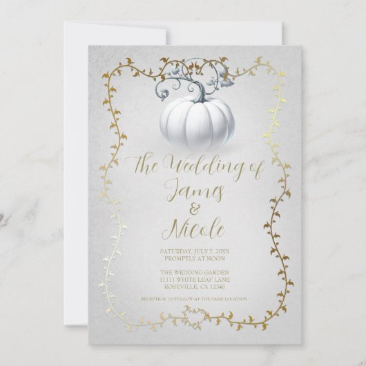 金ゴールド&ホワイトストーリーブックホワイトパンプキ結婚ン 招待状 (正面)