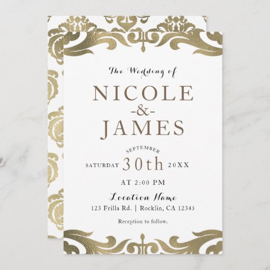 金ゴールド&ホワイトダマスシックエレガントミニマル結婚ズ 招待状 (正面/裏面)