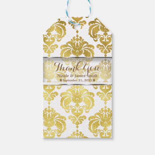金ゴールド&ホワイトダマスヴィンテージウェディングイベントのお気に入り ギフトタグ (正面)