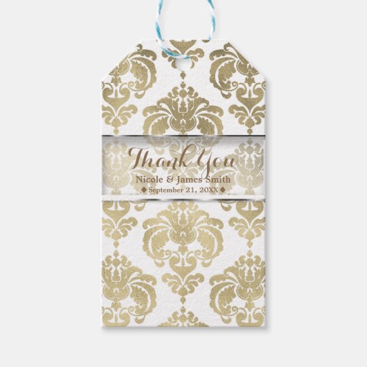 金ゴールド&ホワイトダマスヴィンテージウェディングイベントのお気に入り ギフトタグ (正面)