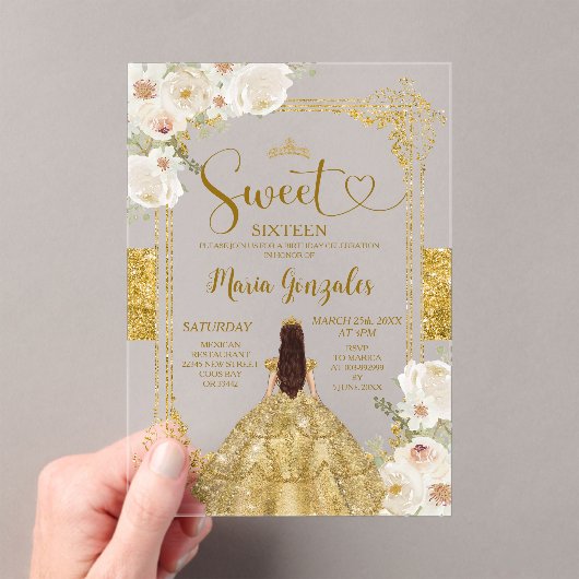 金ゴールド&ホワイトフラワーズSweet sixteenクラウン誕生日 アクリル招待状 (インサイチュ (ポータブル))