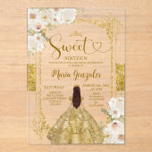 金ゴールド&ホワイトフラワーズSweet sixteenクラウン誕生日 アクリル招待状 (正面)