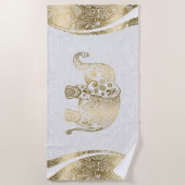 金ゴールド&ホワイトフローラペイズリーゾウ ビーチタオル (正面)