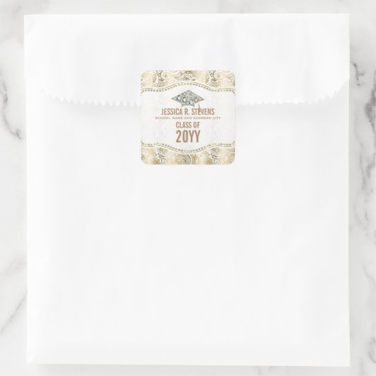 金ゴールド&ホワイトフローラペイズリー卒業帽子 スクエアシール (バッグ)