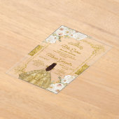 金ゴールド&ホワイトフローラ誕生日クラウンミクリン アクリル招待状 (レイダウン)