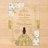 金ゴールド&ホワイトフローラ誕生日クラウンミクリン アクリル招待状 (正面)