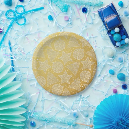 金ゴールド&ホワイトホリデーパターンカスタムクリスマス ペーパープレート (パーティー)