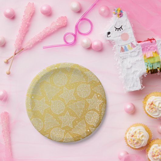 金ゴールド&ホワイトホリデーパターンカスタムクリスマス ペーパープレート (パーティー)