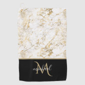金ゴールド&ホワイトマーブルウィズブラックモノグラムラグジュアリー ゴルフタオル (正面)