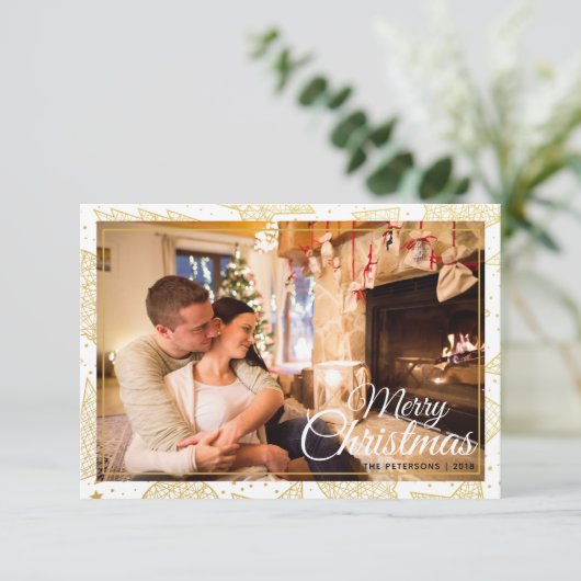 金ゴールド&ホワイトメリークリスマスホリデーファミリーフォト 招待状 (スタンド正面)