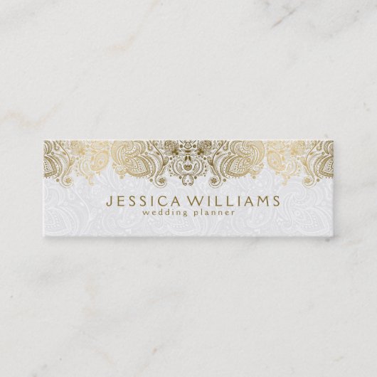 金ゴールド&ホワイトヴィンテージペイズリーレースウェディングプランナー スキニー名刺 (正面)